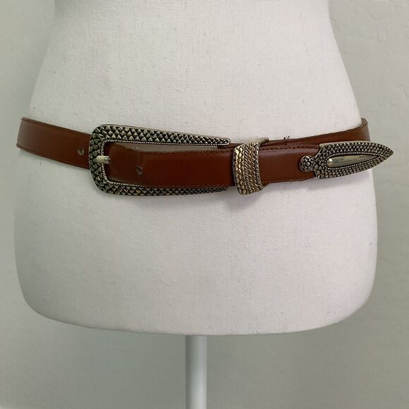 Vtg Motion East Leather Belt  Brass Buckle Ornate Buckle Brown Pattern L USA - Picture 2 of 8
